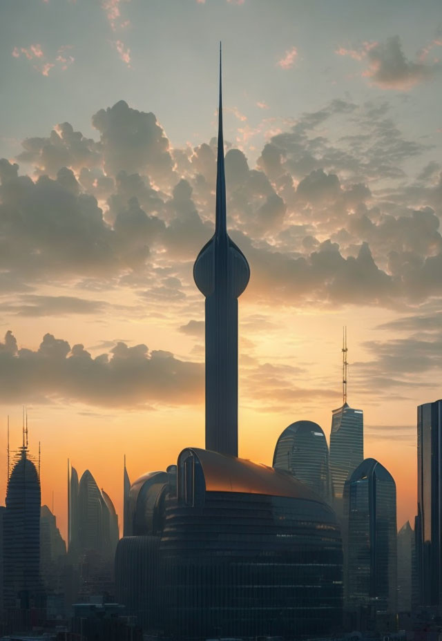 Iconic needle-like skyscraper in futuristic sunset skyline