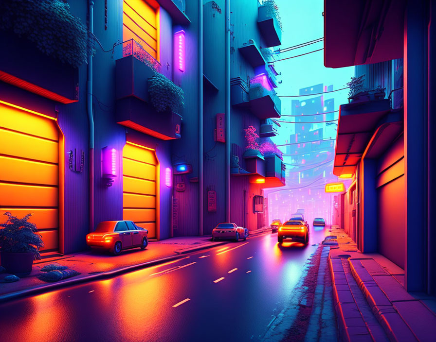 Colorful Neon-Lit Urban Alley at Dusk with Glowing Signs