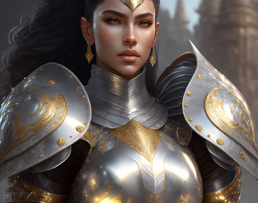 Portrait of Woman in Ornate Silver and Gold Armor with Stern Expression