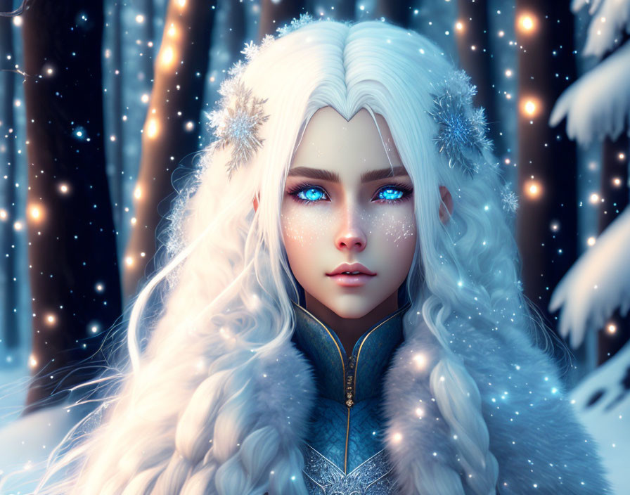 Fantasy digital artwork: White-haired woman in snowy landscape