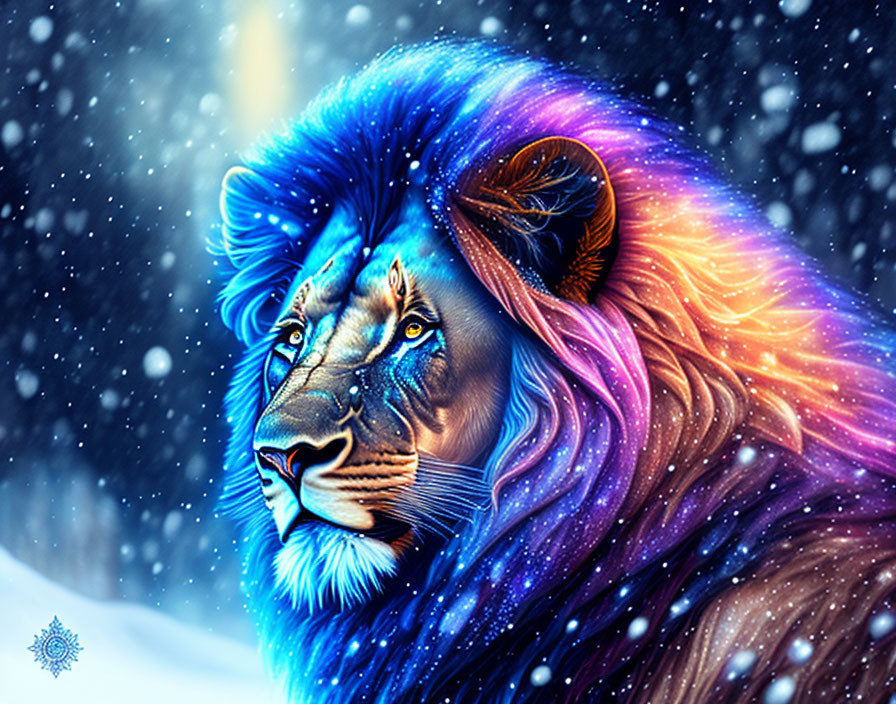 Colorful digital artwork: Lion with cosmic mane in blue and purple on snowy backdrop