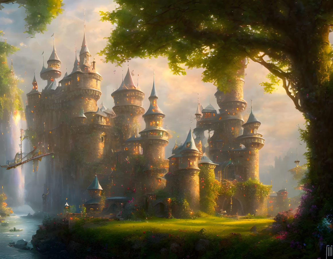 Enchanted castle in sunset light with lush greenery and river