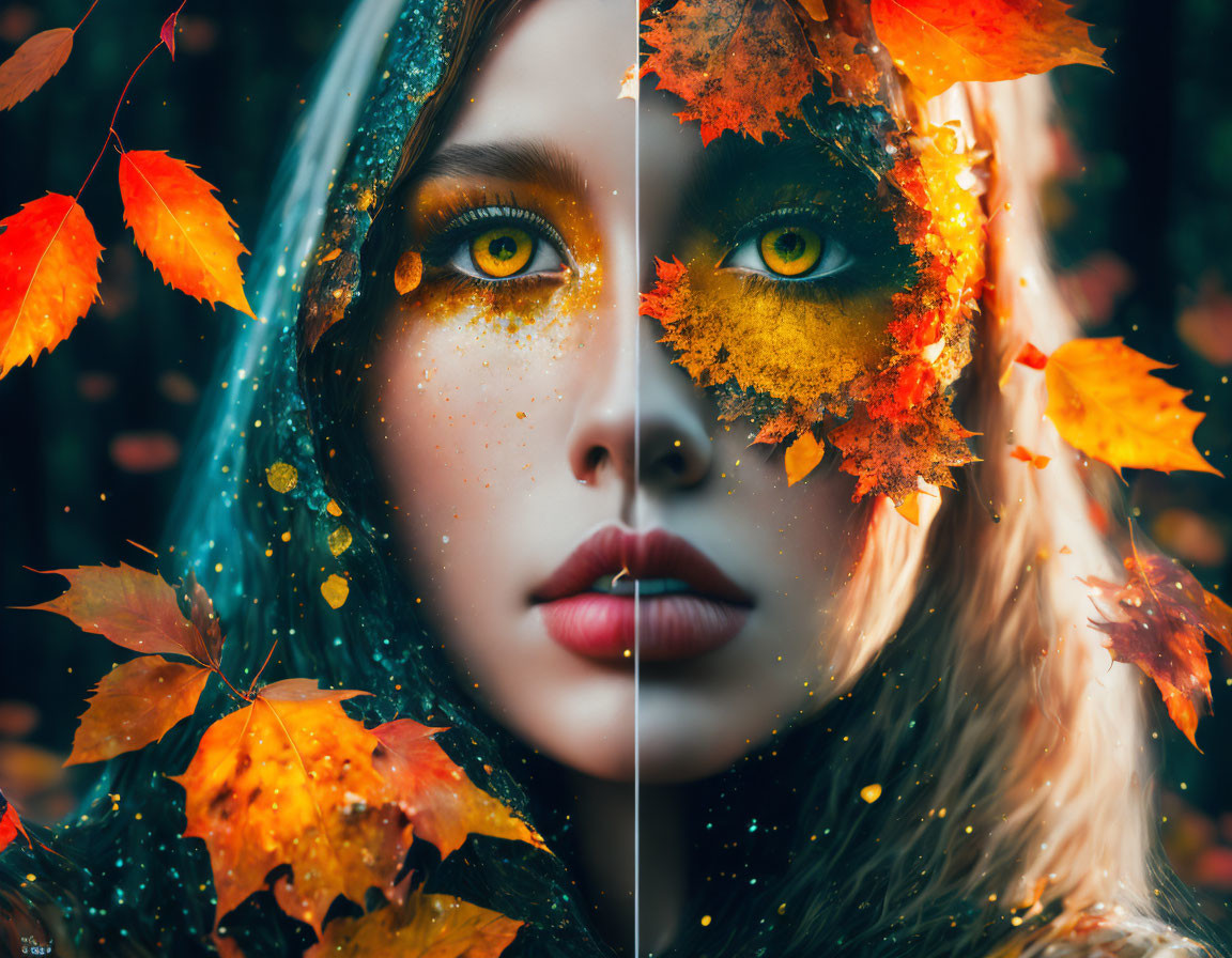 Split-image portrait: Woman with yellow eyes in autumn leaves contrast.