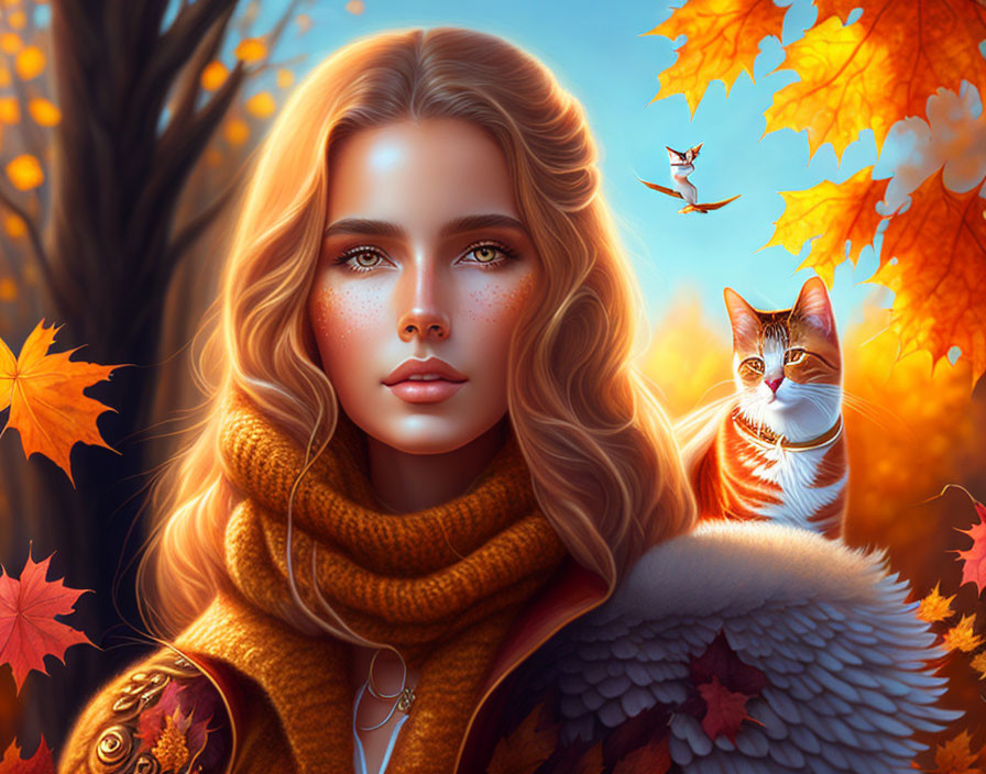 Digital portrait of woman with flowing hair, freckles, turtleneck, fall foliage, and