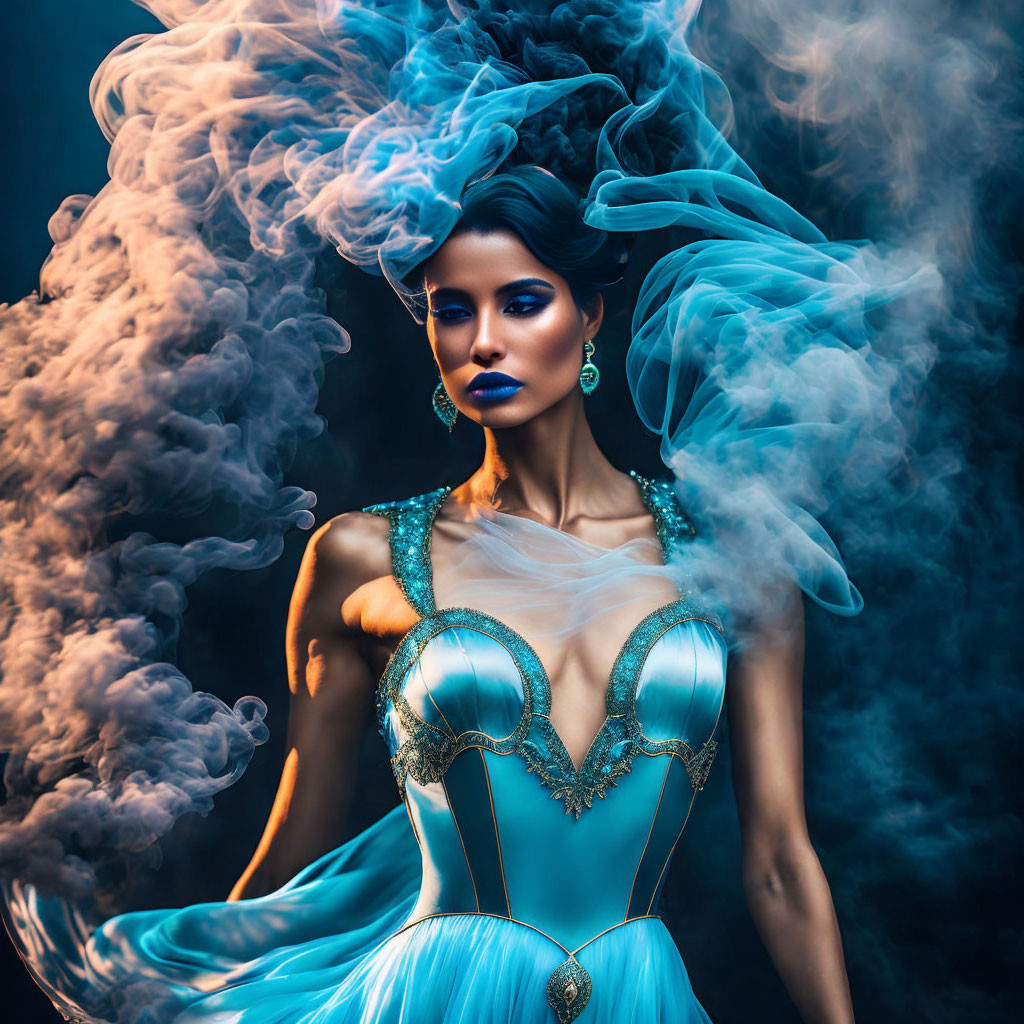 Elegant woman in blue gown with gold details and flowing smoke background