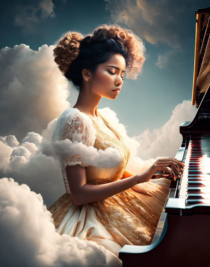 Woman in golden dress plays grand piano in clouds with serene expression