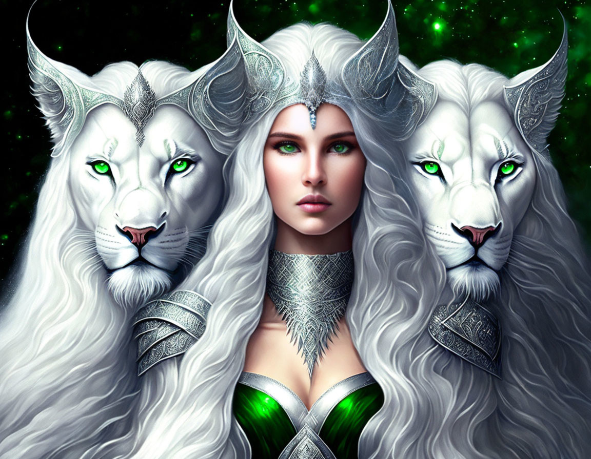 Fantasy art of woman with green eyes, white lions, and armor under starry sky