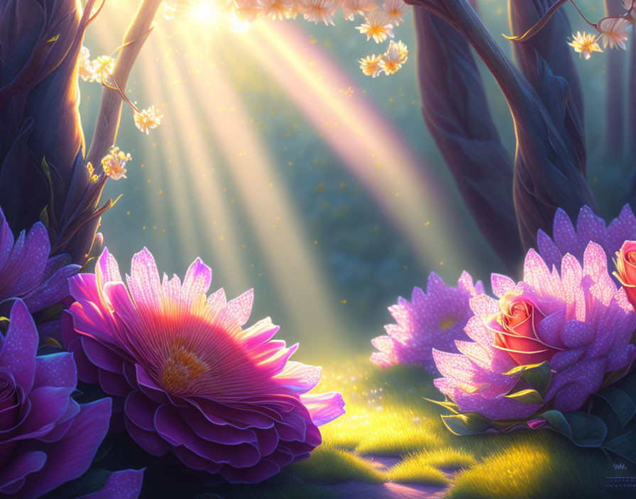 Mystical forest scene with vibrant flowers and sunlight filtering through trees