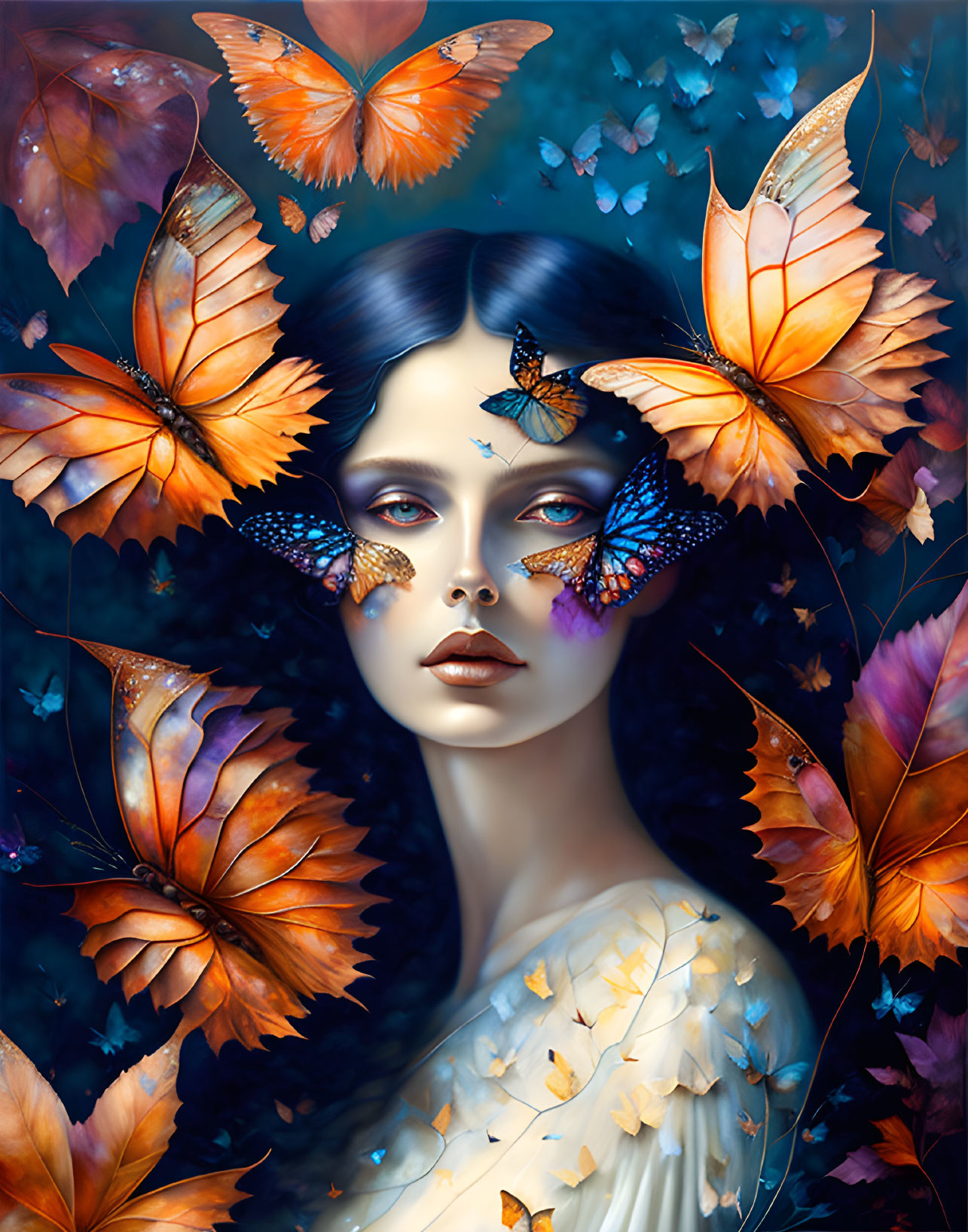 Woman surrounded by vibrant butterflies on blue backdrop with detailed wings