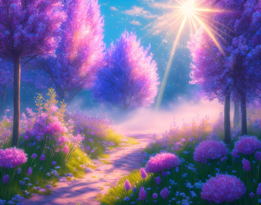 Vibrant purple and pink blossoms in dreamlike landscape