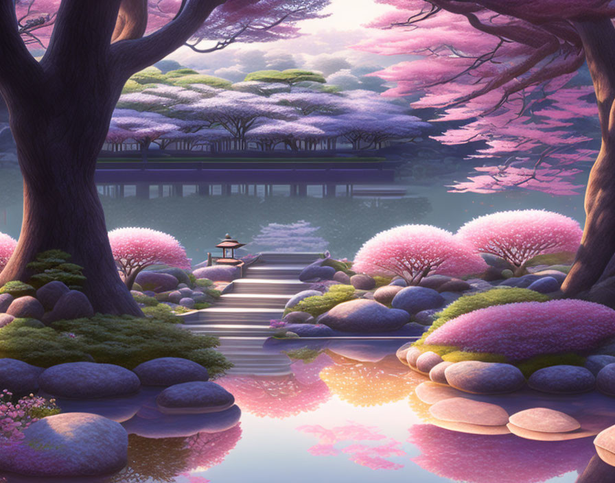 Tranquil animated landscape with cherry blossoms, pond, and gazebo