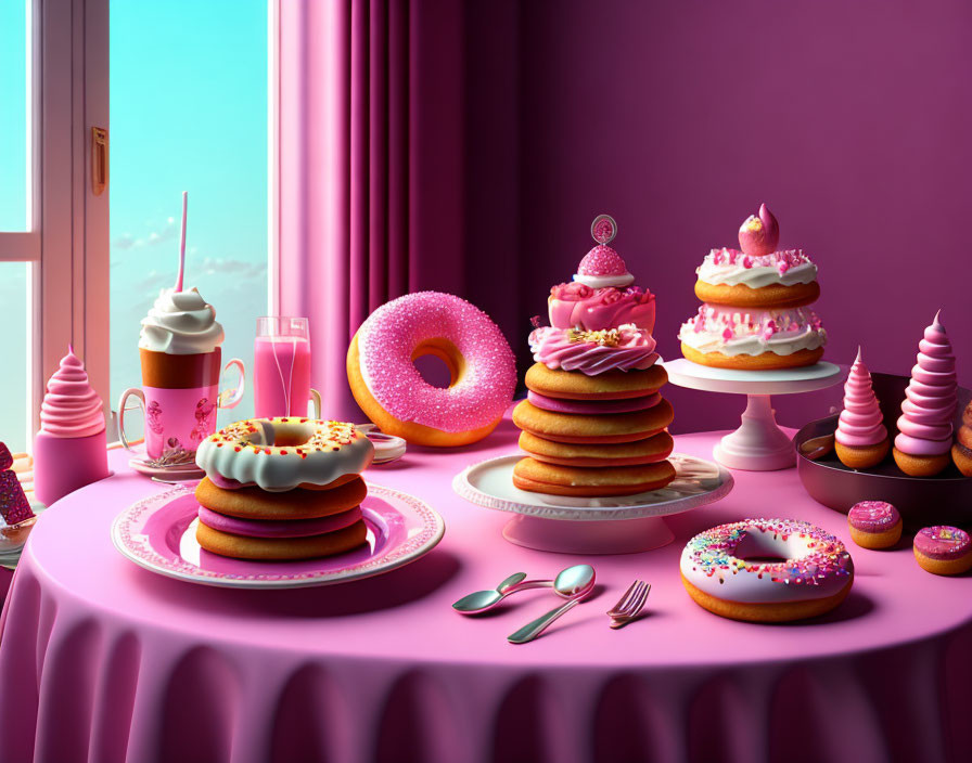 Pink-themed Desserts: Stacked Doughnuts, Cakes, and Milkshakes on Table