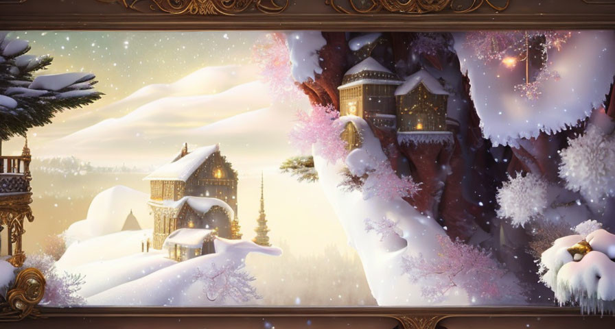 Snow-covered houses and glowing lights in serene winter scene.