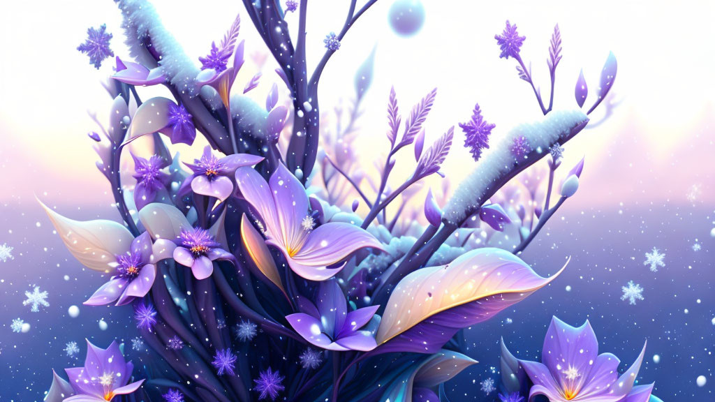 Purple and Blue Flowers with Frost-Covered Branches in Winter Scene