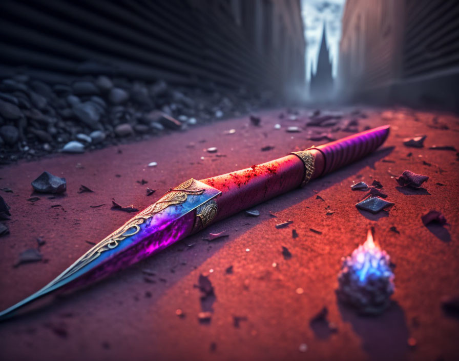 Bloodstained ornate dagger amid rubble with small flame nearby