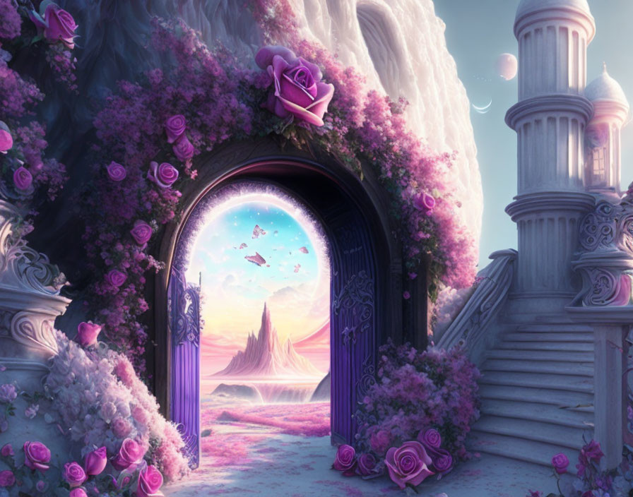 Fantasy archway with purple flowers and mystical landscape featuring mountain and flying fish