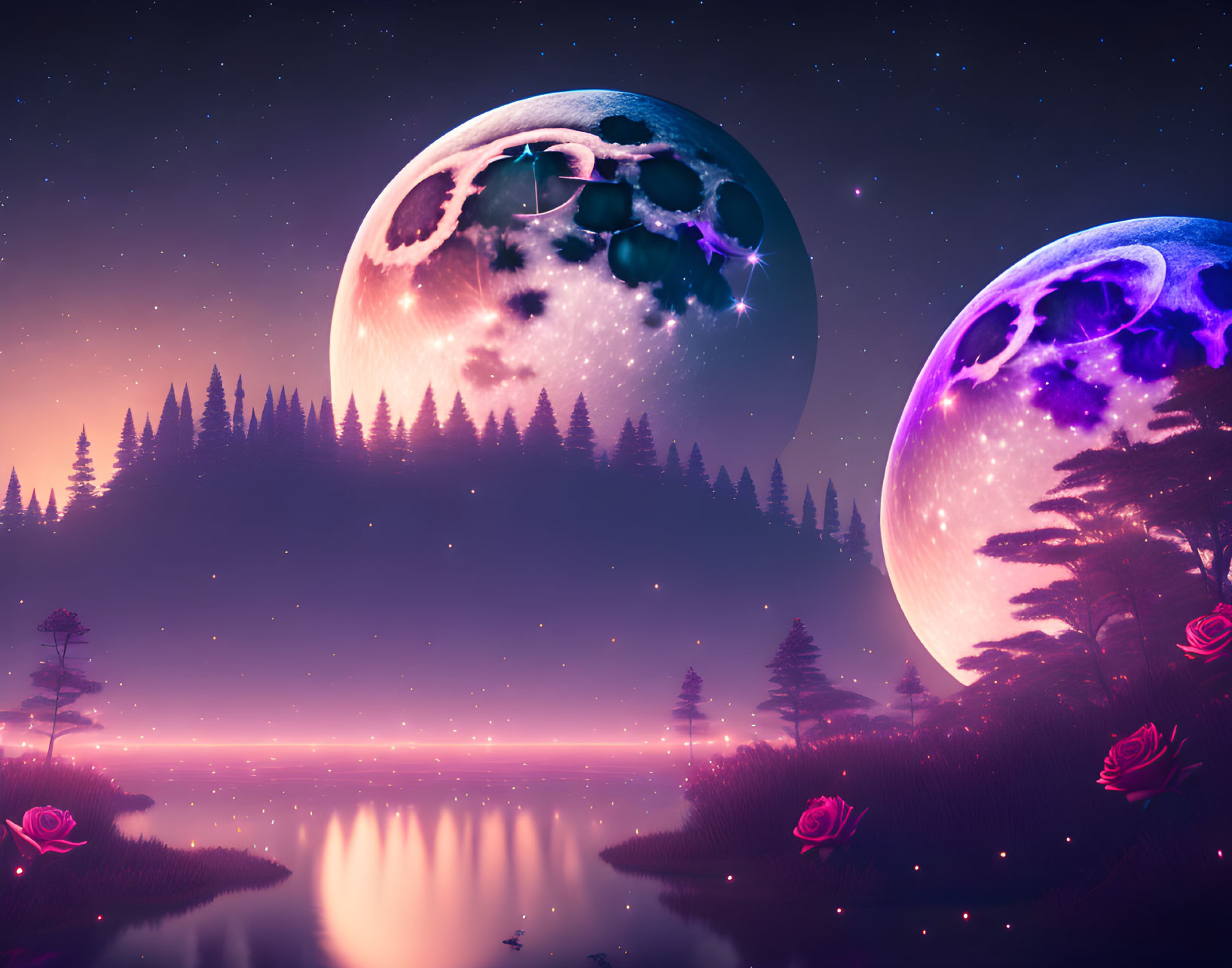 Fantasy landscape with dual moons, purple lake, pine trees, roses, starry sky