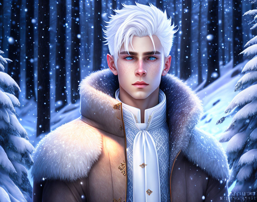 Young man with white hair in fur coat against snowy forest.