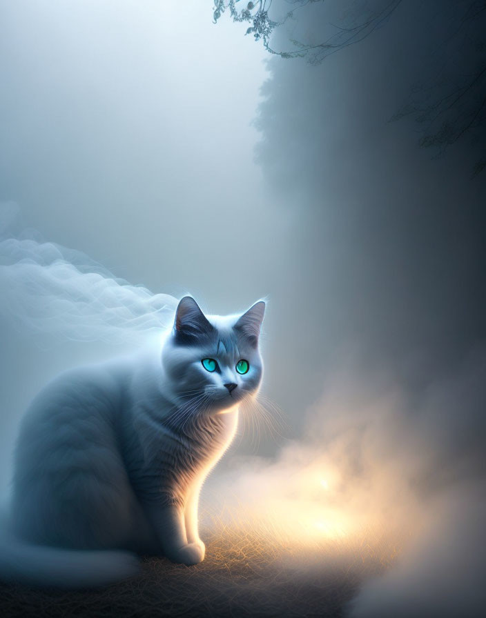 White Cat with Blue Eyes in Ethereal Forest Setting