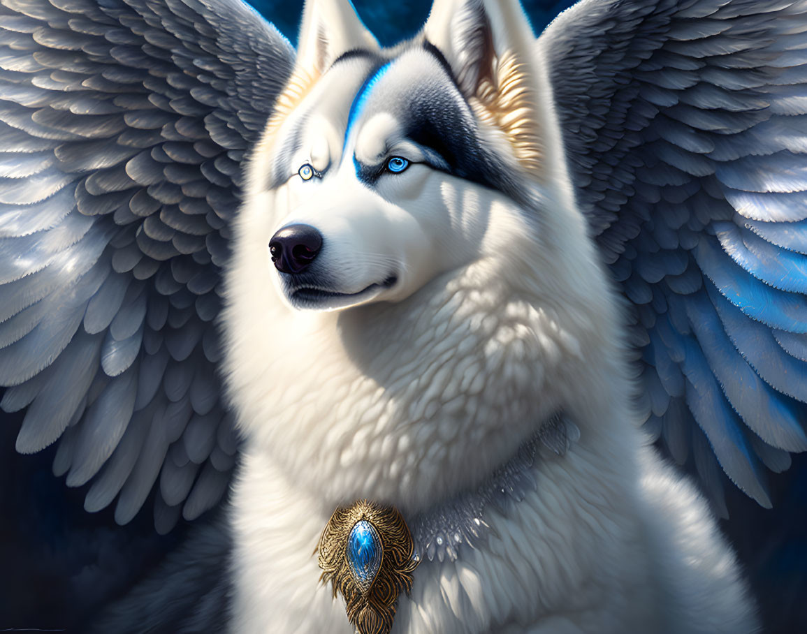 Majestic Siberian Husky with blue eyes and amulet on blue background