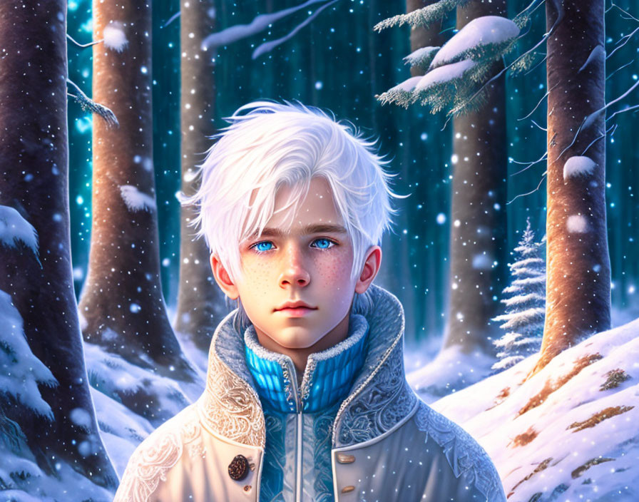 White-haired boy in snowy forest with blue eyes and falling snowflakes