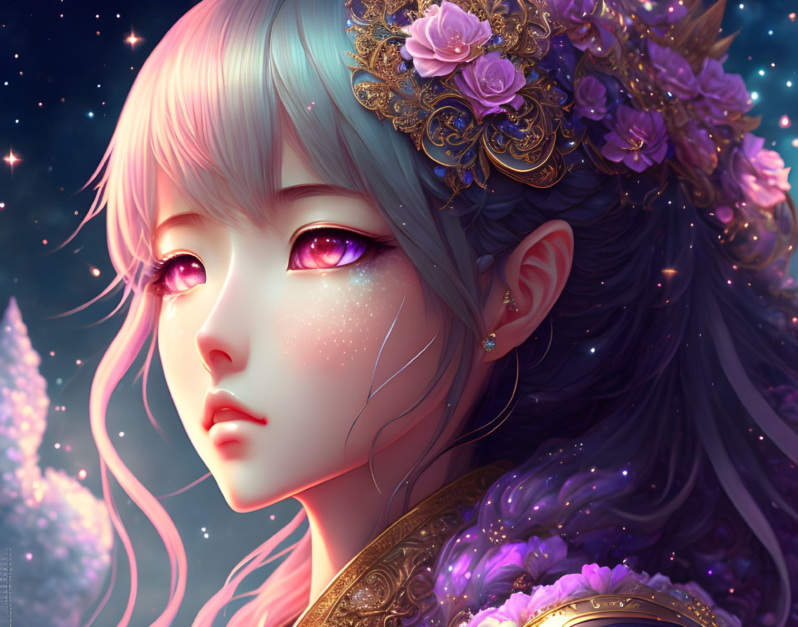 Female character with pink eyes and golden floral hair accessories in magical starry setting