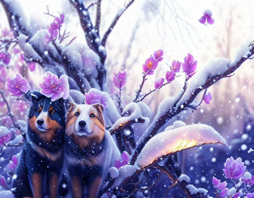 Snowy scene with two dogs and purple flowers in snowfall