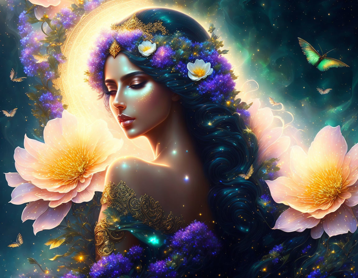 Glowing woman surrounded by flowers and butterflies in starry scene