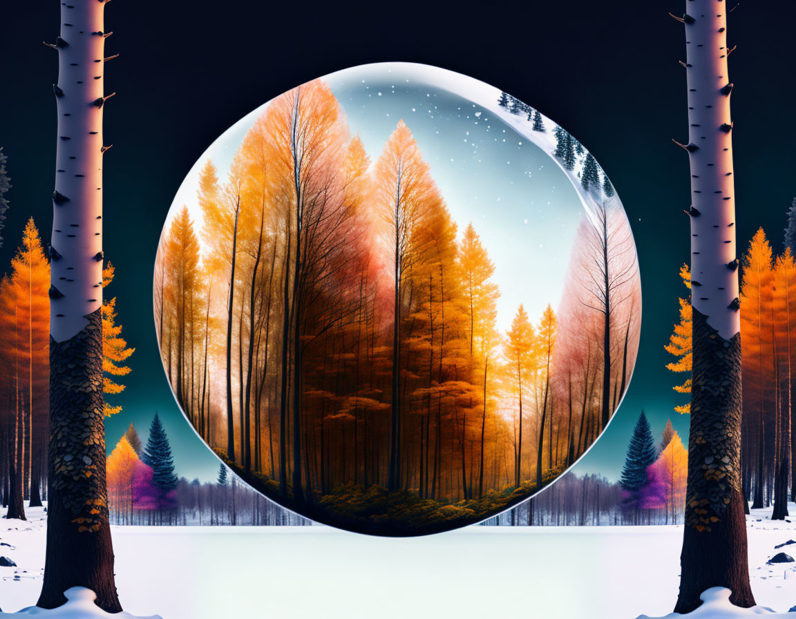 Surreal landscape featuring circular autumn forest portal.