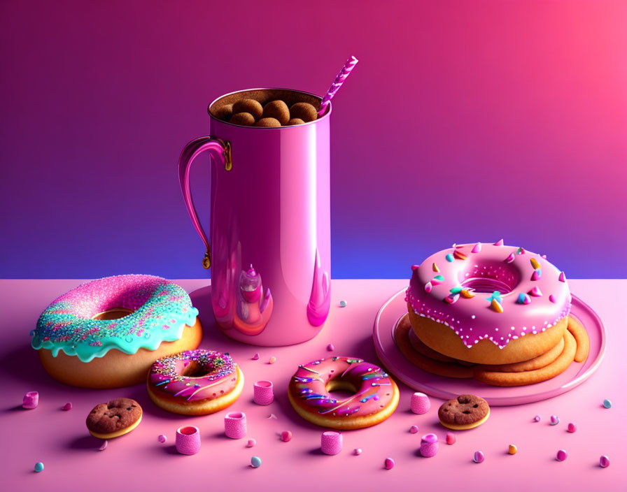 Vibrant still life with pink pitcher, cookies, doughnuts, and candy on gradient background