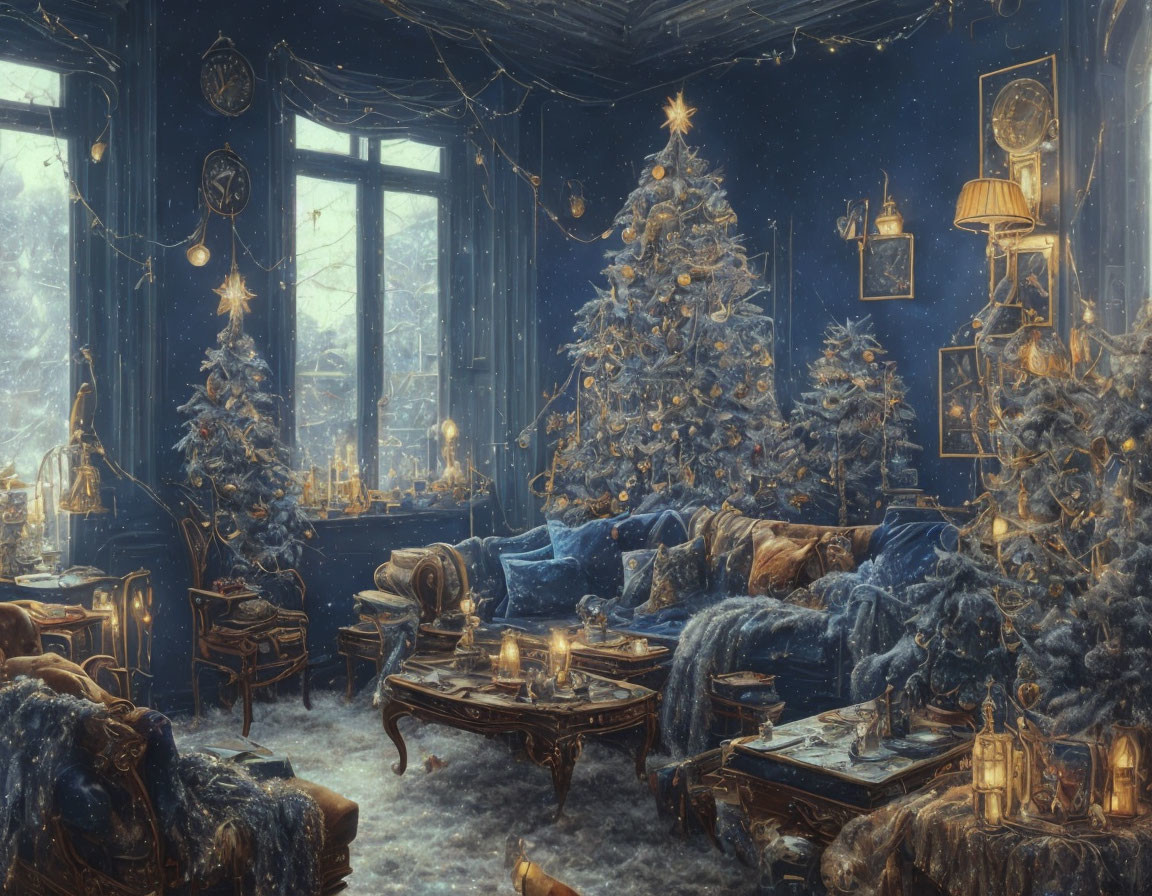 Dimly-lit room with Christmas tree, snow-covered windows, and plush blue sofas