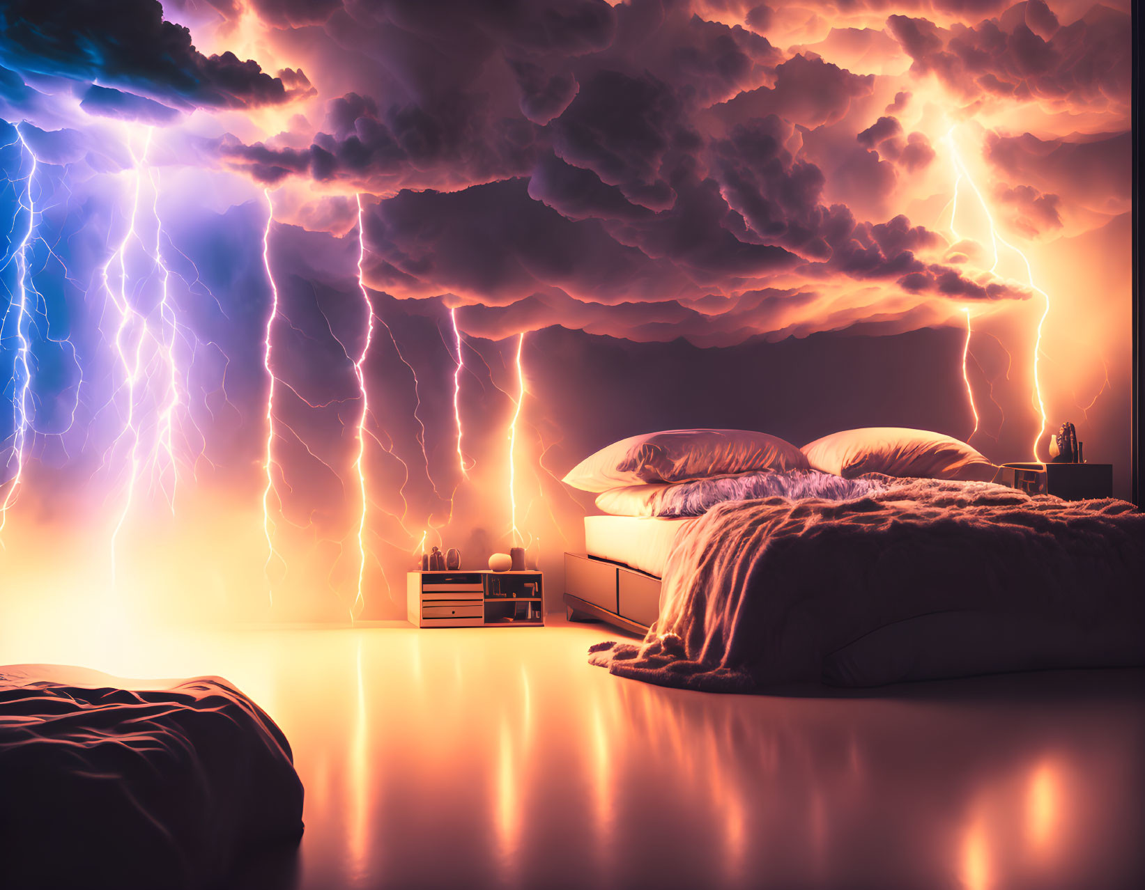 Surreal bedroom with bed and lightning storm backdrop