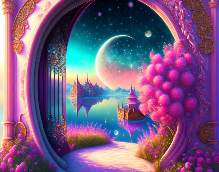 Colorful gateway to fantasy landscape with floating islands, ship, crescent moon.