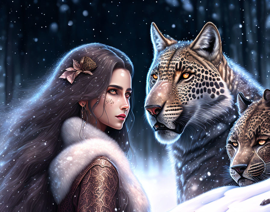 Woman with ornate makeup and lynxes in snowy landscape