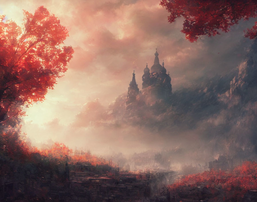 Castle on Misty Mountain in Autumn Landscape