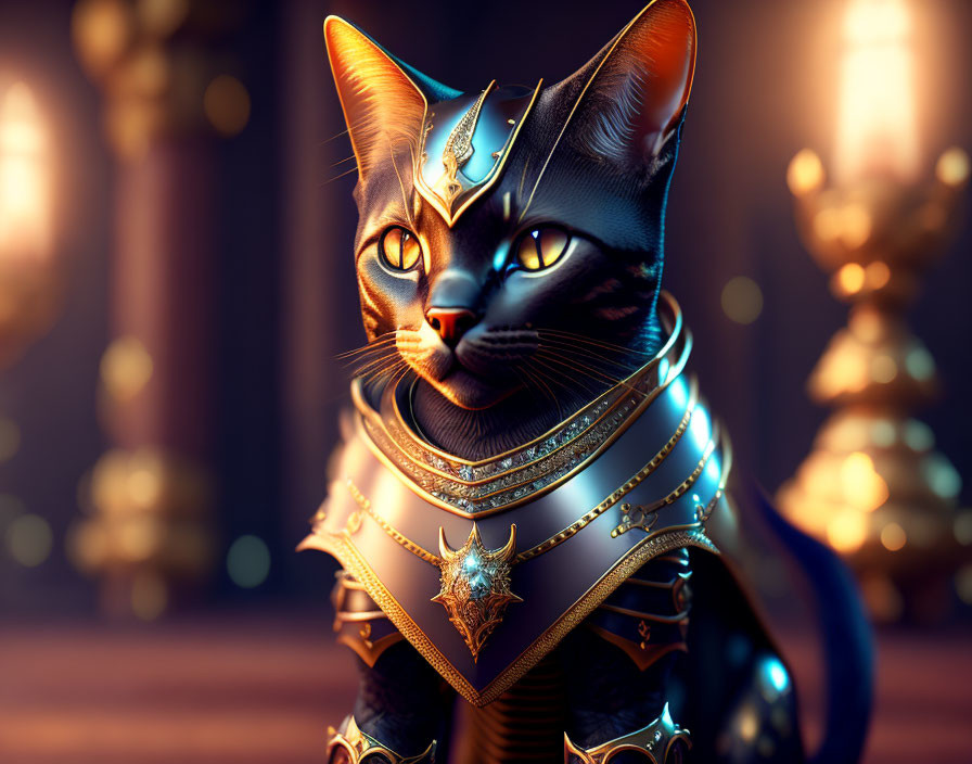 Detailed 3D black cat in golden armor with pointed helmet in elegant setting