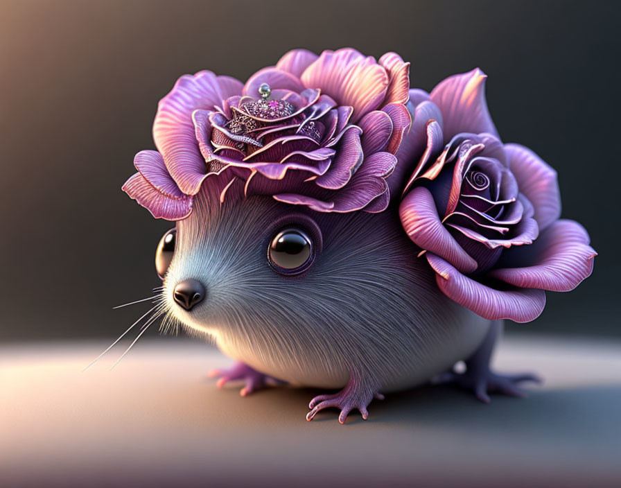 Detailed whimsical illustration of small furry creature with purple flower crown