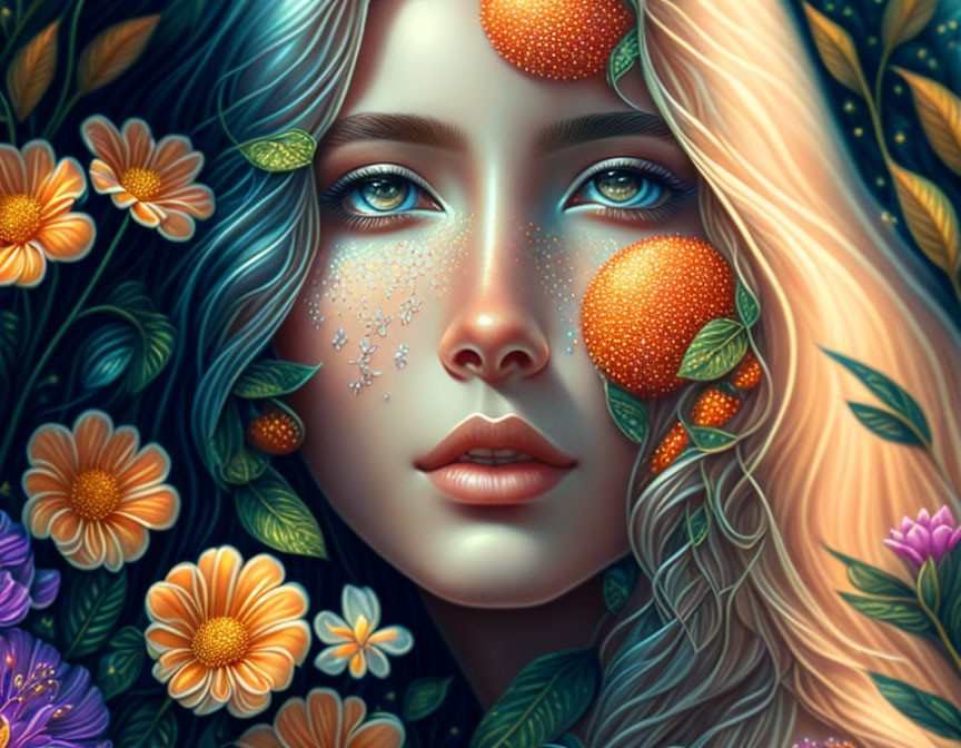 Surreal digital artwork featuring woman with blue eyes amidst vibrant flowers and fruits