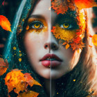 Surreal digital artwork featuring woman with blue eyes amidst vibrant flowers and fruits