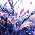 Snowy scene with two dogs and purple flowers in snowfall