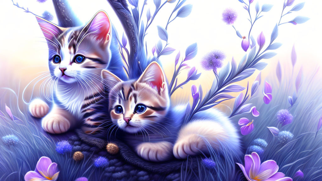 Illustrated Kittens with Blue Eyes Among Purple Flowers