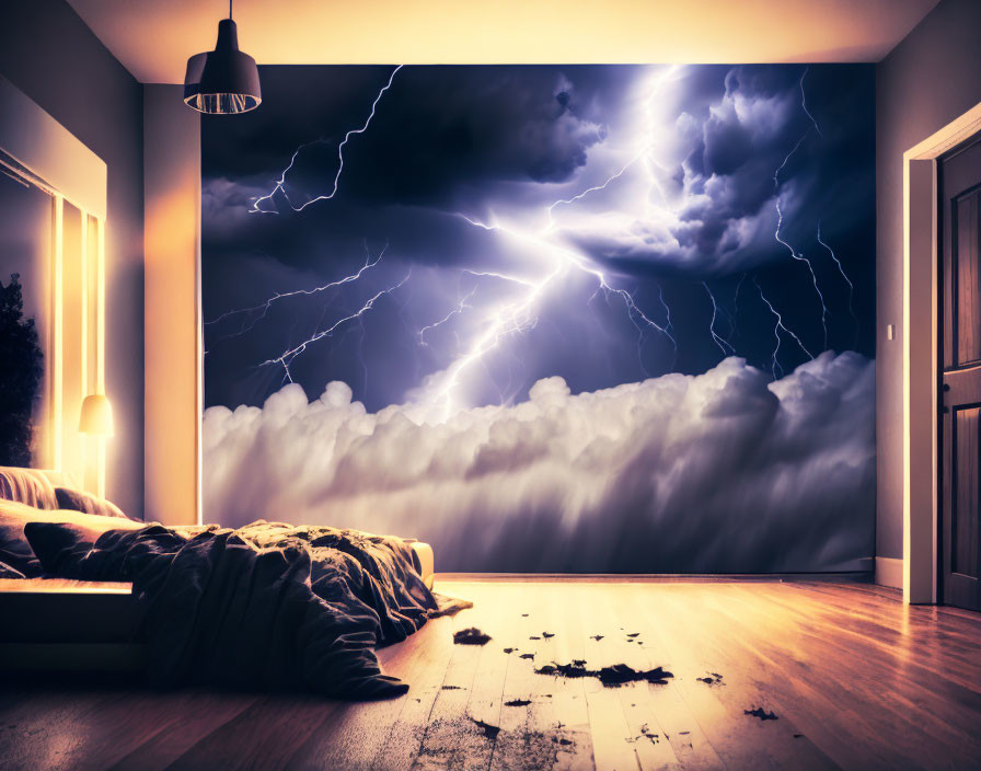 Room with hardwood floors and dramatic thunderstorm wall mural