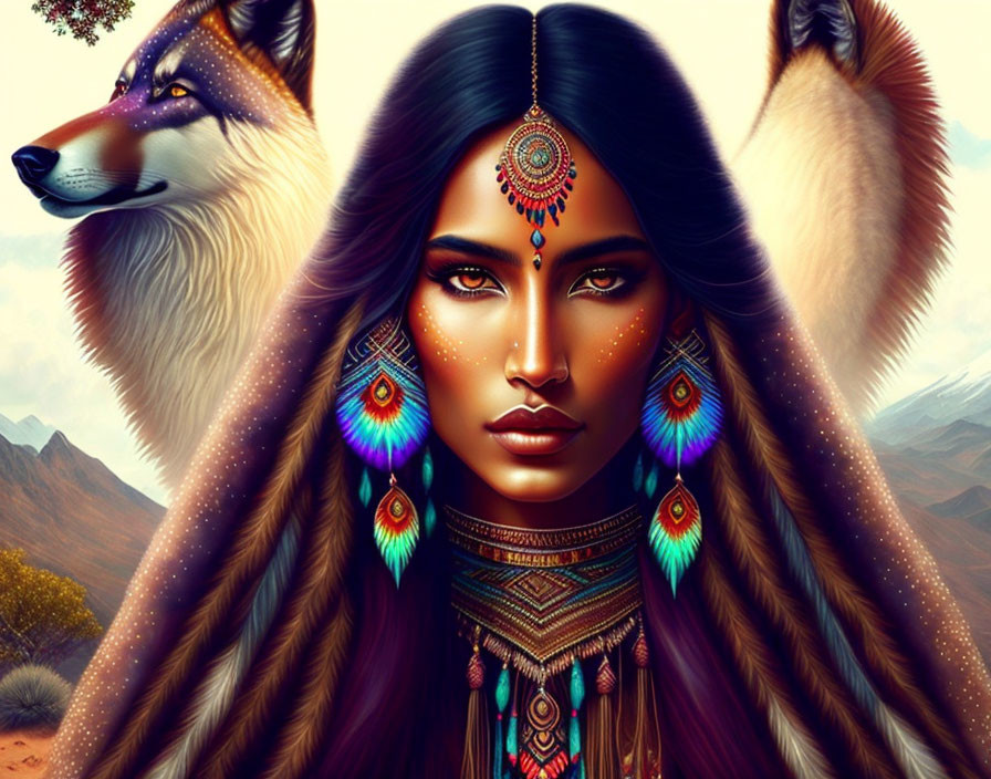 Digital art portrait featuring woman with Native American features and stylized wolves in desert.