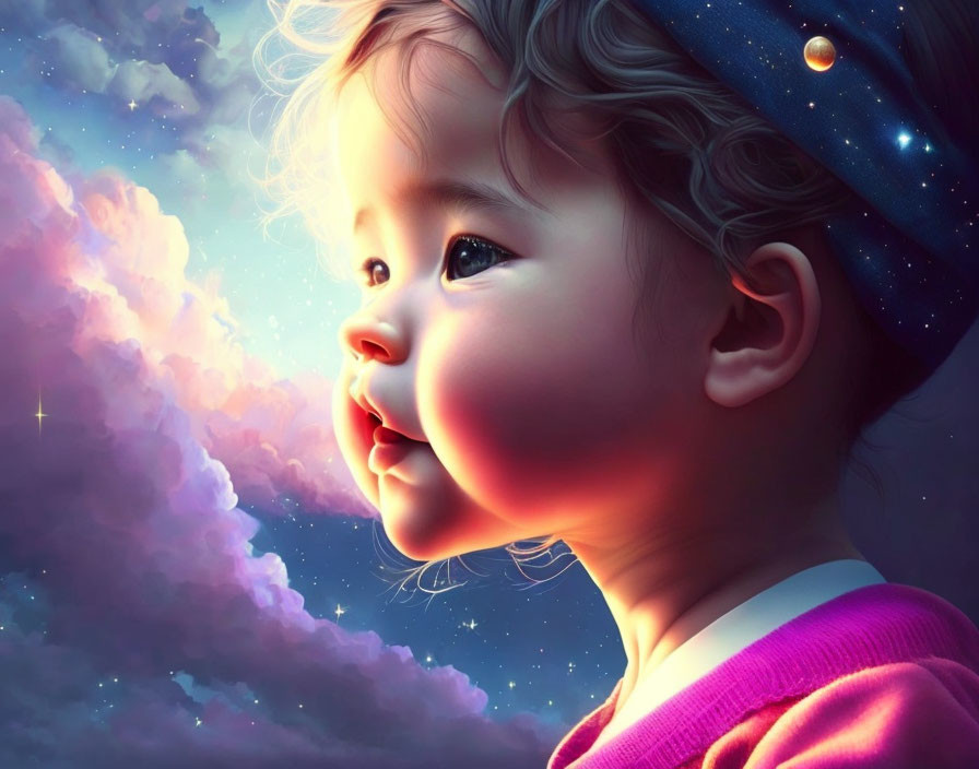 Child in cosmic-themed digital artwork with vibrant colors and twinkling stars