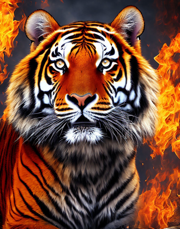 Majestic tiger with orange and black stripes in flames on dark background