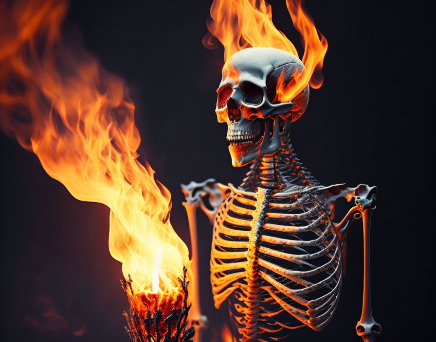 Flaming human skeleton against dark background