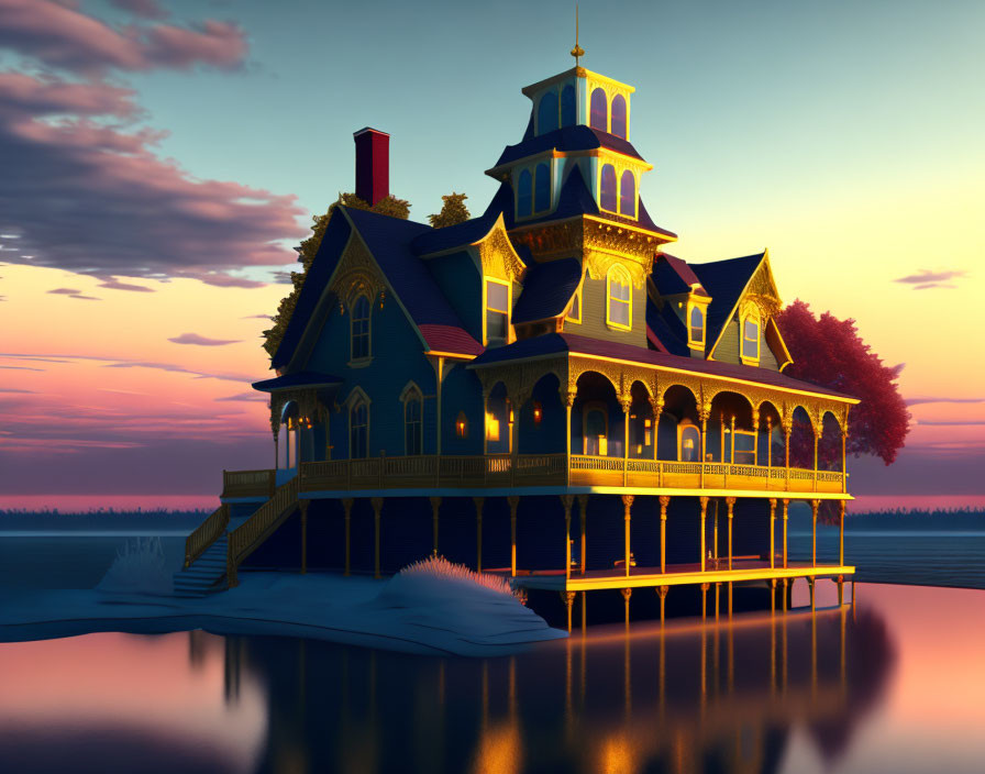 Victorian house by tranquil lakeside at dusk.