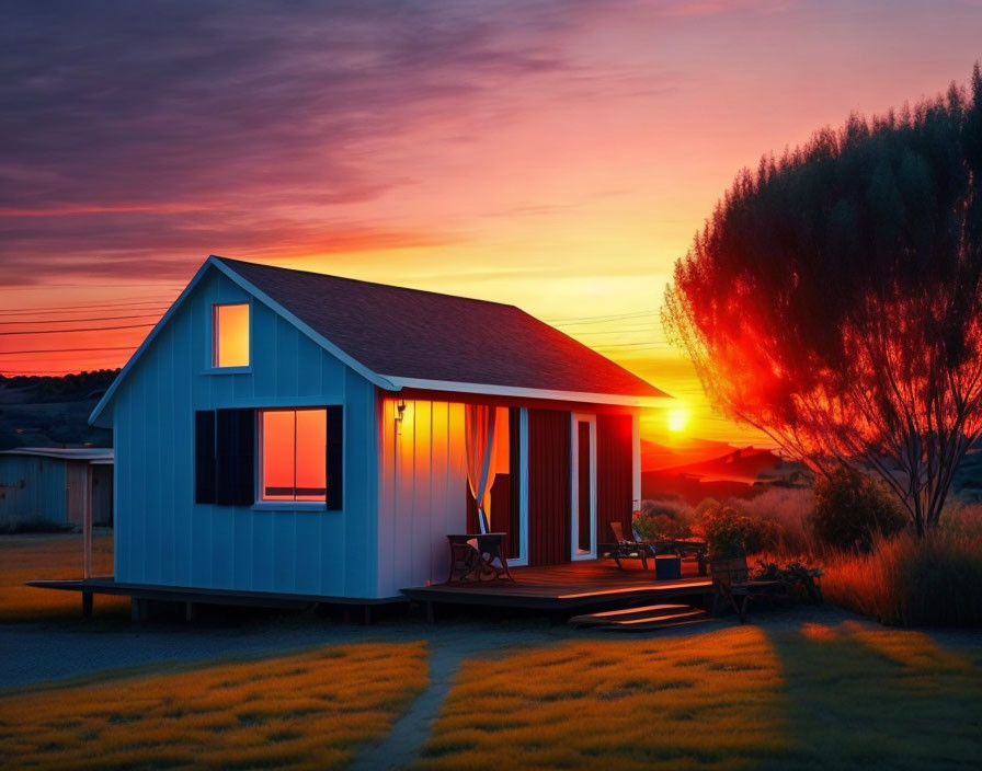 Sunset scene: Small blue house, glowing windows, orange sky, tree silhouettes.