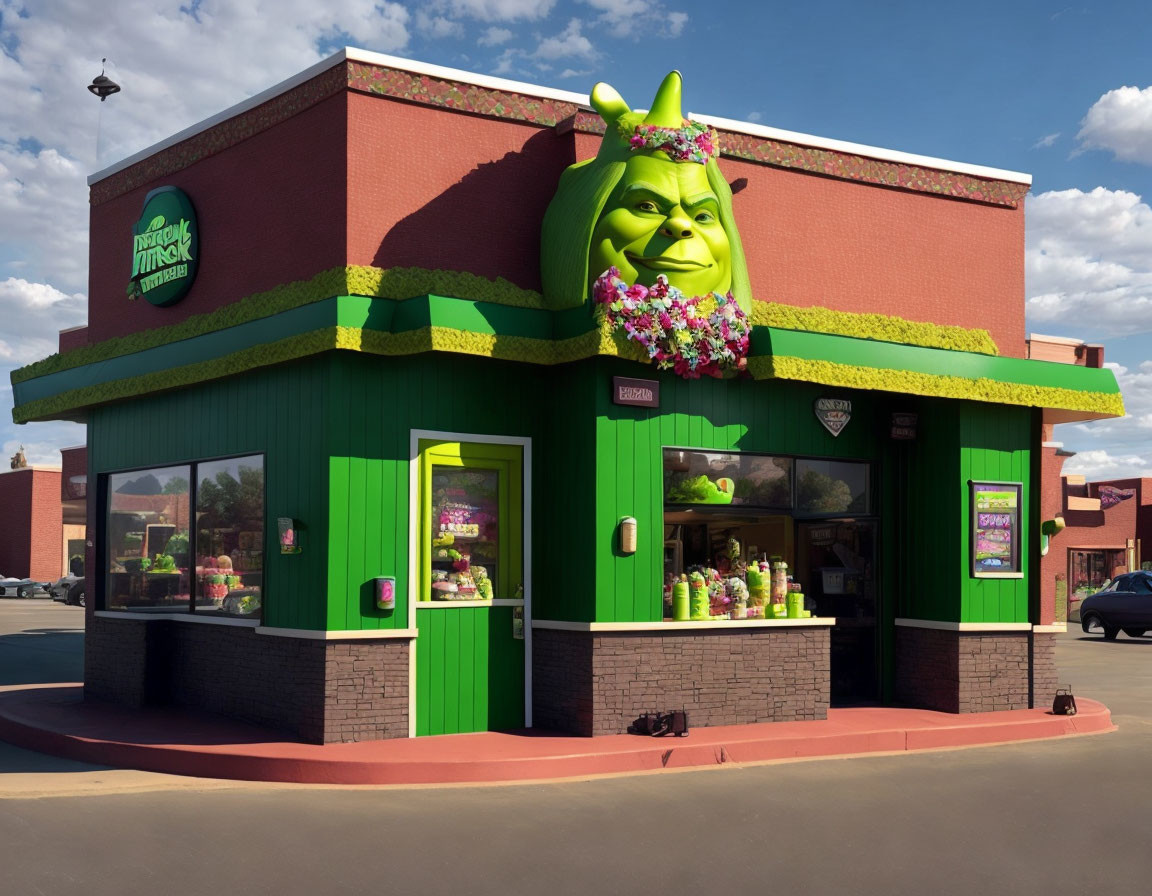 Building transformed into Shrek character with green walls and themed signage