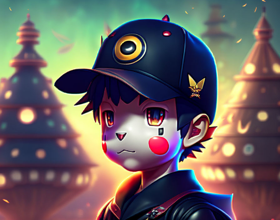 Stylized character with large eyes and eye motif cap in Asian temple dusk setting